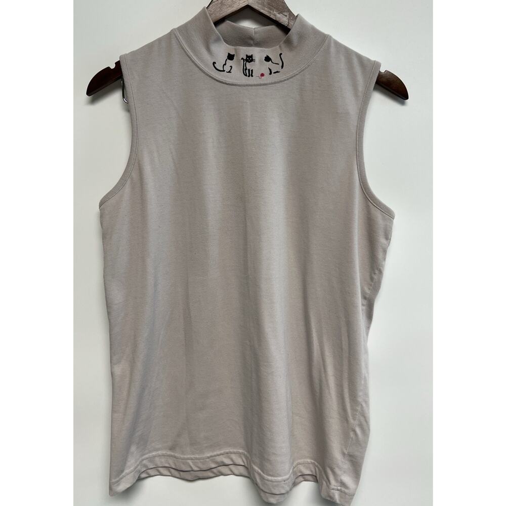 VTG Y2K Womens‎ Sleeveless mock neck Embroidered Cat Lover Cats Kitties XL